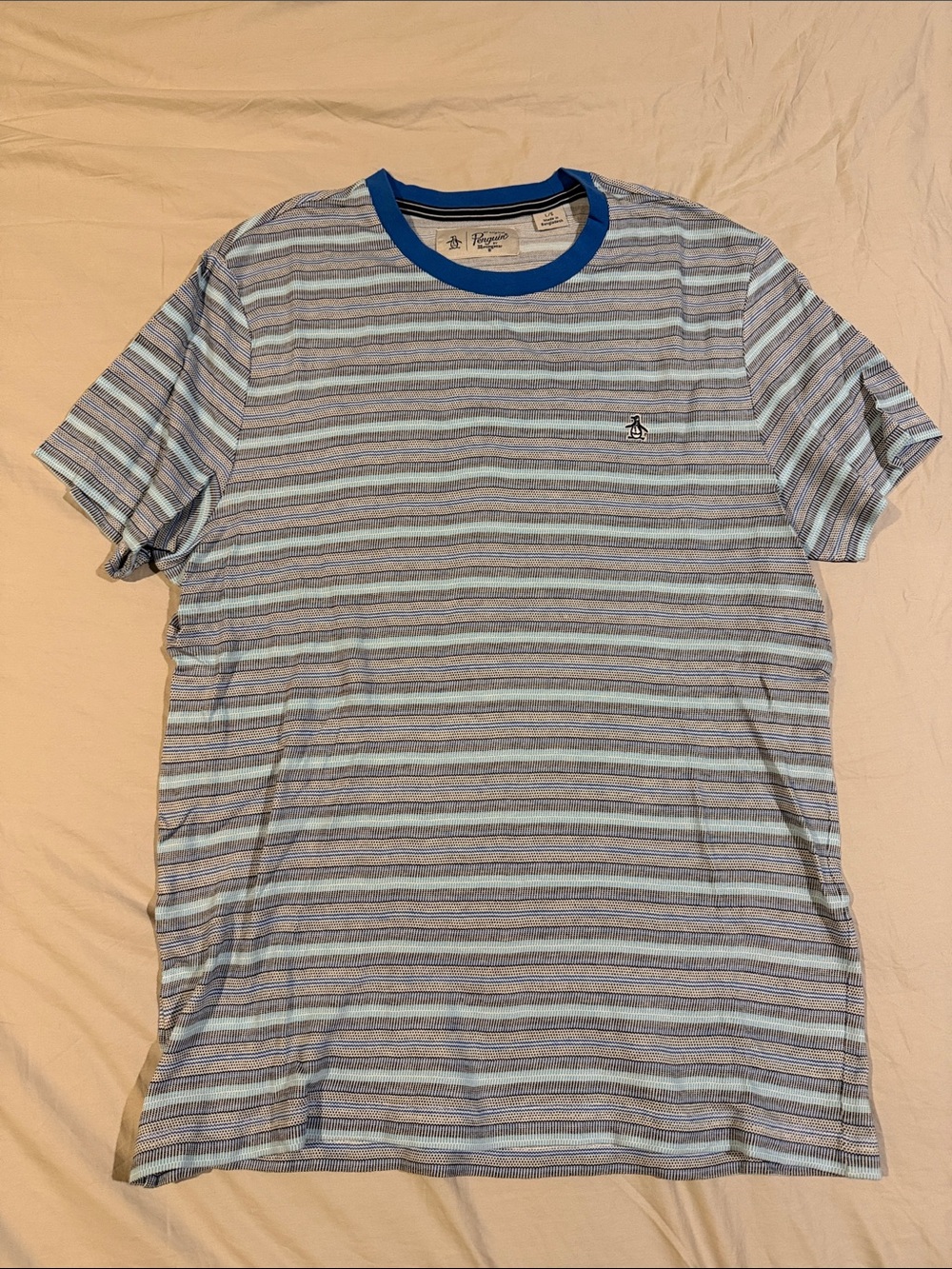 Original Penguin Light Blue Striped Short Sleeve Tee with Royal Blue Collar
